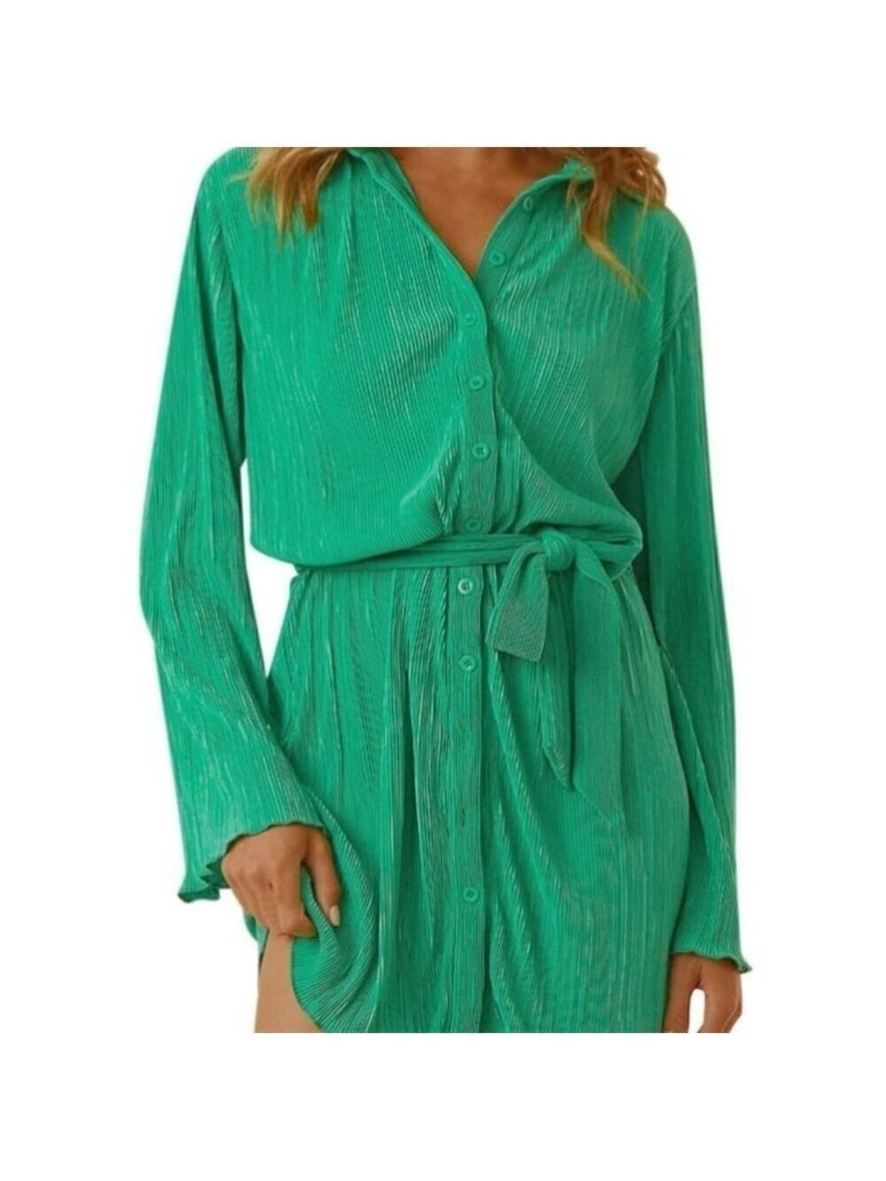 Anytree Women's Green Dress Pleated Shirt Dress Long Sleeve NWT Size S